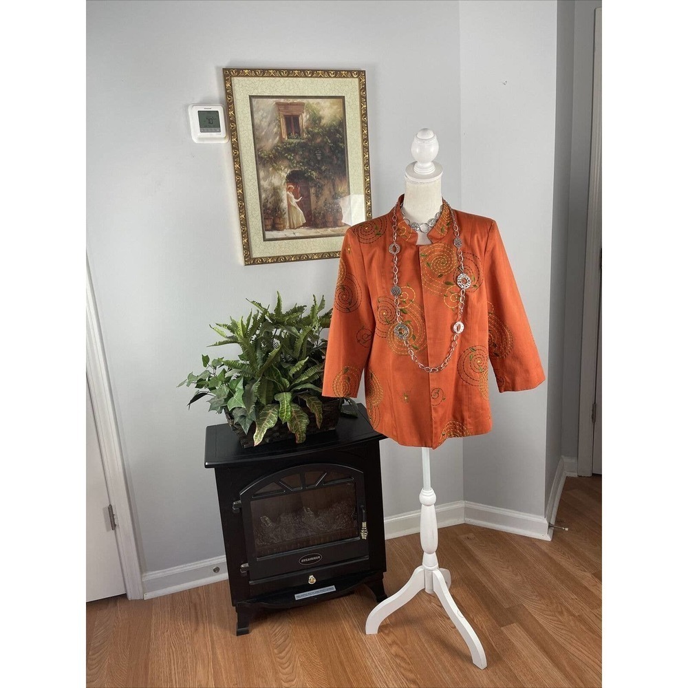 Birch Hill Women's L Orange Mix‎ Blazer Jacket 3/4 Sleeve Lined Embroidered